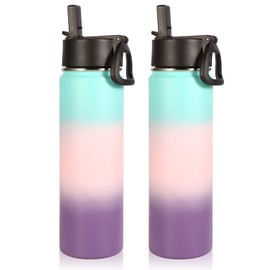 Volhoply Insulated Water Bottles with Straw Bulk 2 Pack, 660ml Sports Bottle with Handle Lid, Double Walled Vacuum Water Thermos with Wide Mouth, Reusable Water Flask for Hiking(Gradient Color,2 Set)