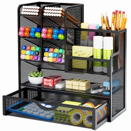 Marbrasse Mesh Pen Holder for Desk, Multi-Functional Pencil Organizer with Drawer, Desk Organizers and Accessories for Office Art Supplies (Black)