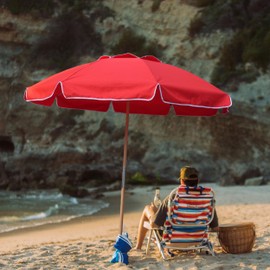 AMMSUN 7.5ft Heavy Duty HIGH Wind Beach Umbrella Commercial Grade wood Beach Umbrella with Air Vent Ash Wood Pole & Portable Carry Bag UPF50+ Protection Windproof Red