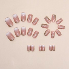 Press On Nails Short Ballet, Cute Design Fake Nails, Beautiful Bow Stick On Nails, Glitter Pearl Glue on Nails on 24PCS (Pink White Glitter)