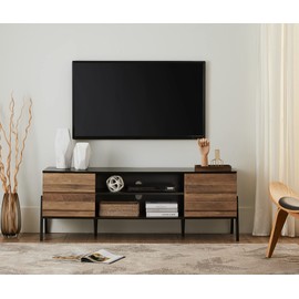 WAMPAT Mid Century Modern TV Stand for 65 Inch TV, Wood TV Console Table with Storage Cabinet and Metal Leg, Retro Entertainment Center for Living Room, 60 Inch, Black & Brown