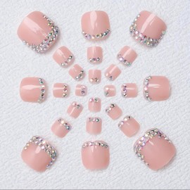 French Tip Press on Toenails Summer Rhinestone Fake Toe Nails Glossy Pink False Toe Nail Tips Short Square Acrylic Toenail Press ons Full Cover Rhinestones Artificial Toenails for Women 24pcs