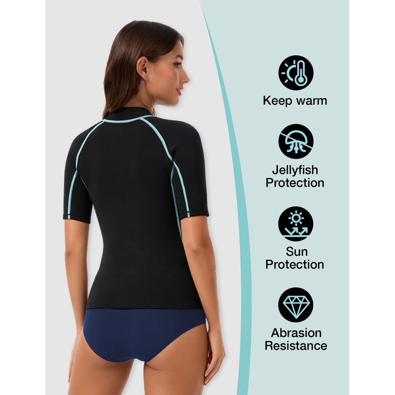 Lemorecn Women’s 2mm Wetsuit Top Short Sleeve, Front Zip Wet