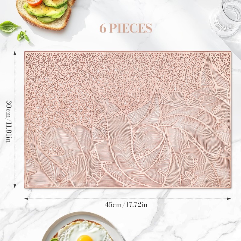 fanquare Rose Gold Leaf Pattern Rectangle Placemats, Set of 6,