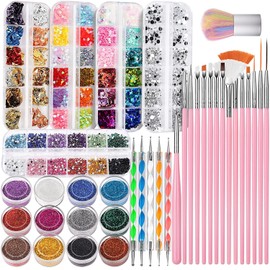 Manicura Decoración, Kit de Accesorios Decoración Uñas Nail Art, 38Pcs Suministros de Uñas con Juego, 15 Pinceles para Uñas, Lápiz de Punto, Uñas de Estrás, Copos de Hoja de Oro, para Diseños de Uñas en Casa