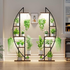 BACEKOLL 2 Pack 63" Indoor Plant Stand with Grow Lights, 6-Tiered Metal Shelf for Multiple Plants, Half-Moon Display Rack for Living Room and Patio, Organizer Pot, Artistic Baking Flower Gift Hanging Paint - Color: Black