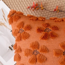 Kevin Textile Fall Floral Pillow Covers 18x18 Inch Set of 2 Cute Flowers Embroidery Decor Soft Plush Faux Fur Throw Pillows Pillowcases for Holiday Harvest Decor Sofa Couch Bedroom, Rust