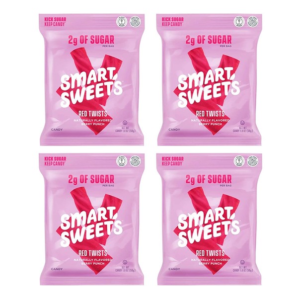 SMART SWEETS RED TWISTS 4 PACK HEALTHIER VERSION OF TWIZLERS 92% less sugar 12 grams of fiber Plant Based Vegan Keto Friendly ONLY 110 calories and 2 g Sugar