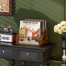 Yuzehuaza Vinyl Record Storage Holder, Trapezoidal LP Vinyl Record Crate with Handle, Wood & Metal Album Storage Desktop Organizer Box for Books Files, Rustic Brown