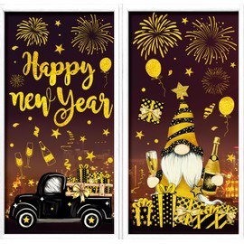 Whaline 6 Sheet Happy New Year Window Clings Foil Gold Firework Gnome Truck Present Reusable Window Decals for Home Office Classroom Party Decor