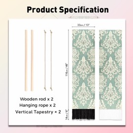 PLIGREAT 2 Pack Aesthetic Floral Wall Hangings, Vintage Muted Green Damask Tapestry with Tassels Vertical Gothic Paisley Wall Tapestry for Bedroom Living Room Home Decor Long Narrow Art Tapestries