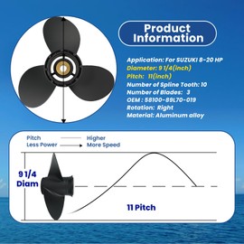 VRIWOY 9 1/4×8,9 1/4×9,9 1/4×10,9 1/4×11,9 1/4×12pitch Upgrade Aluminum Outboard Motor Boat Propeller for Suzuki,fit 8HP 9.9HP 15HP Engines,10 Spline Tooth (9 1/4Diam×11Pitch)