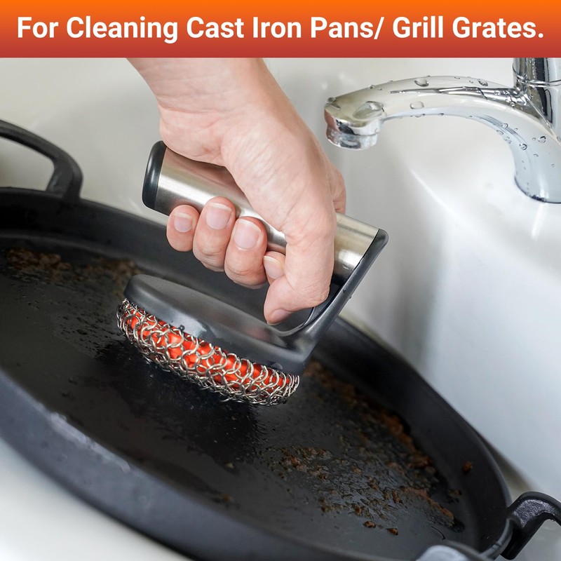 Skyflame Cast Iron Scrubber with Handle, Stainless Steel Chainmail Scrub,