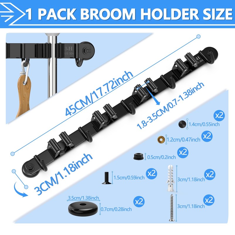 3-H Magnetic Broom Holder Wall Mounted 1 Pack, Strong Magnetic