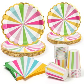 PCLMLES 96pcs Party Plates Disposable Tableware Set Circus Style Paper Plates for 24 Guests Birthday Party Table Supplies Picnic Wedding (Include Plates, Cups and Napkins) - Colorful Stripe