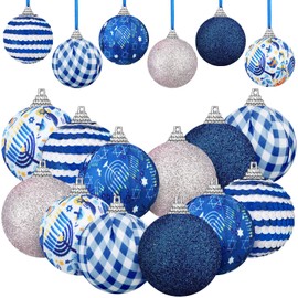 Yuxung 12 Pcs 1.97 Inch Hanukkah Ball Ornament for Tree Star of David Hanukkah Ball Ornaments Chanukah Hanging Decoration White and Blue Hexagram Menorah Hanging Decor for Chanukah Xmas Party Gifts