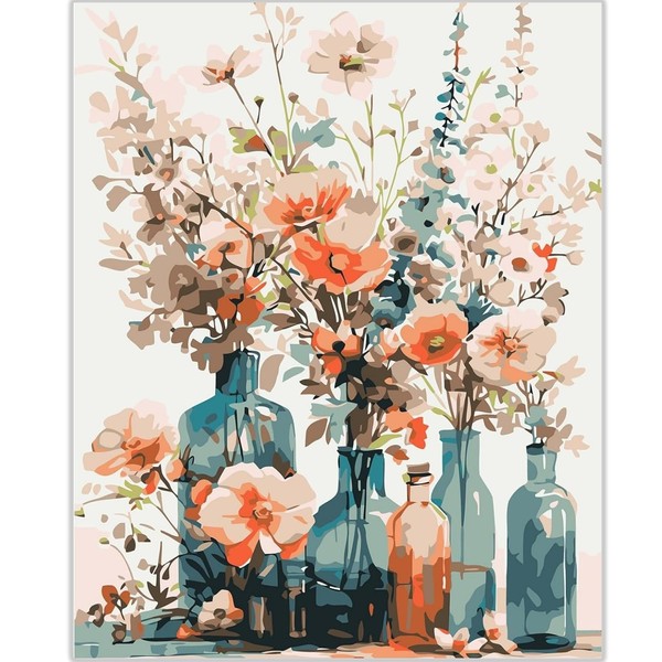 vooiceofco Paint by Numbers Adults Flowers Wrinkle-Free Canvas with 3