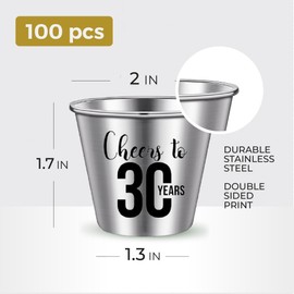 Cheer to 30 Shot Glasses, 30th Birthday Party Favors, 30th Birthday Shot Glasses set of 100, 1.5 Oz, Dirty 30 Birthday Decorations, 30th Birthday Favors, 30th Birthday Shot Glass, Stainless Steel