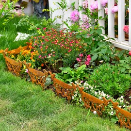 Sungmor Decorative Cast Iron Garden Edging Border, 4 Pack Rustic Brown Landscape Edging Low Picket Fence, 9.9inch Tall Outdoor Flower Bed Lawn Fence Panels, Vintage Metal Yard Decor Stakes