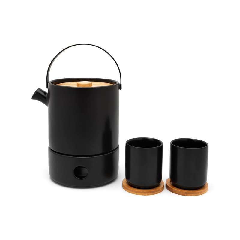 Bredemeijer Black Ceramic Tea Mugs with Wooden Coaster Set of