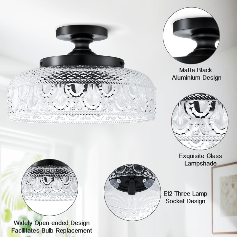 Lamomo Semi Flush Mount Ceiling Light, Upgraded Larger Black Hallway