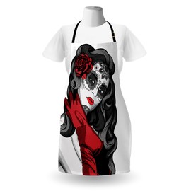 Lunarable Skull Apron, Sugar Shaped Lady Mexican Style Floral Evil Gothic Dead Art Latin, Unisex Kitchen Bib with Adjustable Neck for Cooking Gardening, Adult Size, Charcoal White