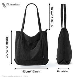 KALIDI Corduroy Tote Bag with Zipper Waterproof Cord Tote Bag for Women with Pockets Compartments Large Capacity Shoulder Bags Handbags for School Work Shopping Travel Daily Use,Black