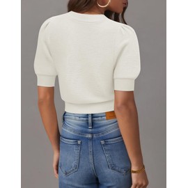 ZESICA Women's Summer Crop Tops Casual Short Sleeve Crew Neck Ribbed Knit Sweaters 2025 Trendy Clothes Outfits,White,Medium