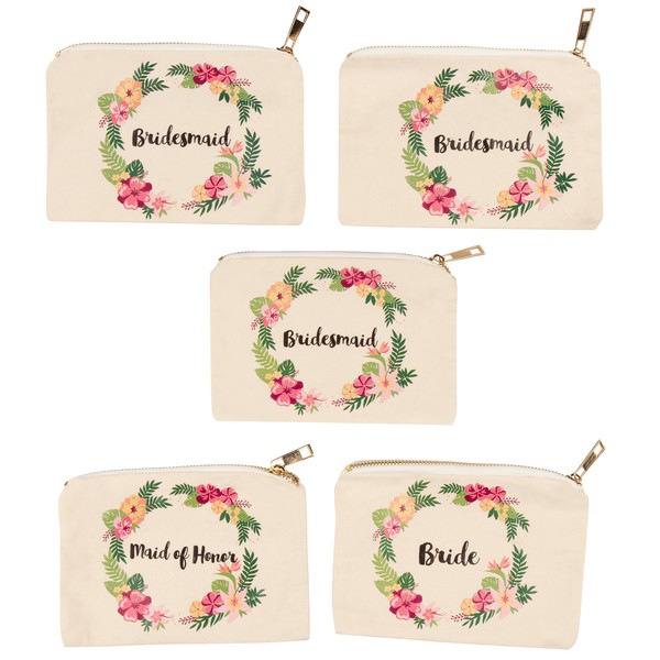 Floral Makeup Bag, Bachelorette Party Gifts (7 x 4 in, 5 Pack)