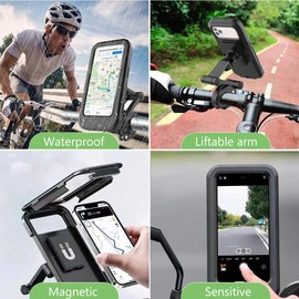 Reelau Waterproof Bike Phone Holder with Touch Screen, Aluminum Motorcycle Phone Mount Holder with Lift Arm for 3.5"- 6.8" Smartphones 360°Rotation Waterproof Motorbike Phone Holder Height Adjustable