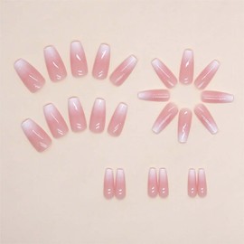 RUOKEXIN Pink Press On Nails Medium Coffin Fake Nails Glossy Acrylic False Nails with Glitter Designs Ombre Pink Full Cover Press Ons Fall Winter Holiday Stick on Nails for Women 24Pcs