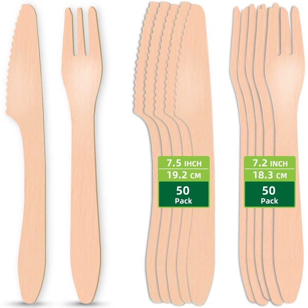 HOMURG Disposable Wooden Forks and Knives for 50 Guests, Eco-Friendly Party Tableware Sets with Birch Wood Fork 50 PCS + Knife 50 PCS, Bigger Size Wood Cutlery Than Others & Better for Dining Parties