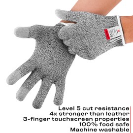 NoCry Cut Resistant Gloves Food Grade with 3 Touchscreen Capable Fingers; Protective Kitchen Gloves for Cutting; Use Cut Glove as Fish, Butcher Glove or Wood Carving, Extra Large