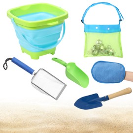 NNG Kids Beach Sand Toys Set Include Collapsible Beach Bucket,Mesh Beach Bag,Mesh Shovel,Beach Metal Shovel,Spade Shovel,Sand Remover