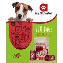 My AlphaPet Compostable Dog Poop Bags, Cornstarch Eco-Friendly, HOME COMPOST NF T 51-800, 120 Count, Large Size Bag 9x13 Inches, 8 Unscented Refill Rolls, Leak-proof, Plantbased, GM-Free Corn (Red)