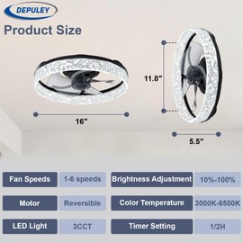 Depuley Ceiling Fans with Lights and Remote: 16" Modern Low Profile Flush Mount Ceiling Fan with App Remote Control - Black Fandelier for Bedroom Living Room Kitchen Dimmable Quiet DC Motor