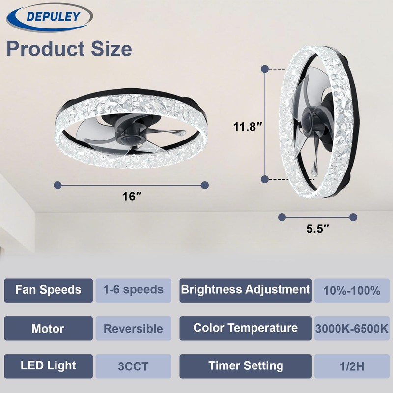 Depuley Ceiling Fans with Lights and Remote: 16" Modern Low