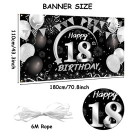 18th Birthday Backdrop Banner,BTZO Happy 18th Birthday Decorations,Black Silver Large Fabric Photo Backdrop Background for Boys Men Women 18th Birthday Party,180×110cm