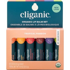 Cliganic Set de Bálsamos Labiales Orgánicos Tropical Passion 6 Sabores  Sabores cereza negra, durazno, granada, manzana verde, miel y arándano tamaño 
