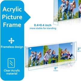 2*6 in Acrylic Picture Frames 2 Pack，Clear Picture Frame，20mm Thick Freestanding Double-Sided Magnetic Frameless Picture Frames, Free Standing Desktop Display