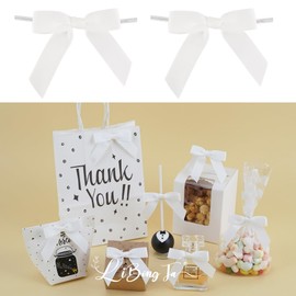 LiBongTa 50 PCs White Bow 2.5" Grosgrain Ribbon Bow for Decorations, Small Bows for Crafts, Mini Bow Twist Tie Bows for Gift Wrapping, Premade Bows for Baby Shower, Wedding, Party, Candy, Treat Bags