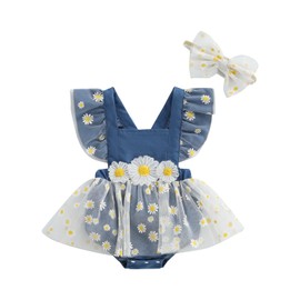 Newborn 3 6 9 12 18 Months Baby Girls Romper Dress Summer Clothes Daisy Embroidery Tulle Bodysuit Infant Outfit (Blue, 9-12 Months)