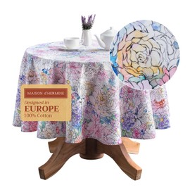 Maison d'Hermine Table Cloth Round Table 100% Cotton 63 Inches Tablecloth Reusable Decorative Everyday Use for Dining Room, Farmhouse, Home, Party, Festive & Wedding Spring Summer - Floral Love