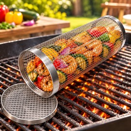 Stainless Steel Rolling Grill Basket for BBQ Cooking – Large Mesh Grilling Basket for Vegetables, Seafood & Outdoor Camping