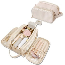 Makeup Bag Organizer Bags for Women, Large Hanging Cosmetic Skincare leather Bags Toiletries, Waterproof Portable Pouch Open Bag Make up Organizer