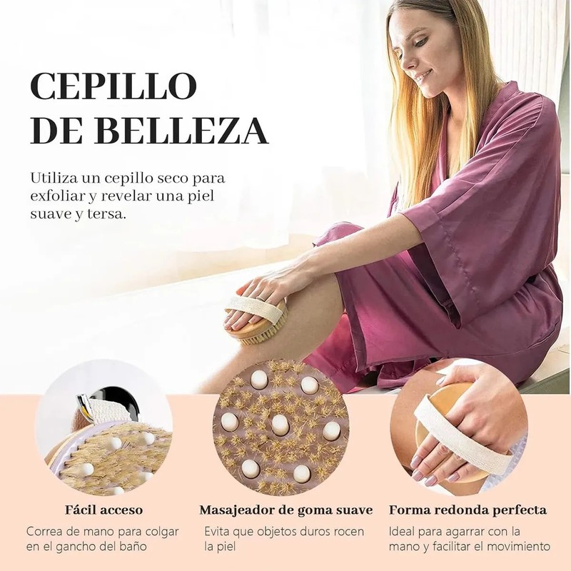 Cepillo corporal de cerdas naturales para masaje, exfoliación en seco,