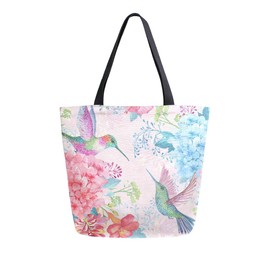 ALAZA Tropical Flowers And Hummingbirds Canvas Tote Bag Large Women Casual Shoulder Bag Handbag Floral Sloth Reusable Multipurpose Heavy Duty Shopping Grocery Cotton Bag for Mom