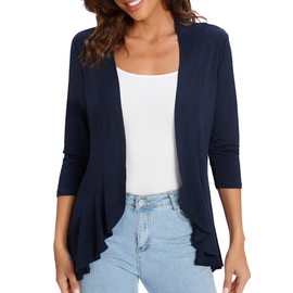 Urban CoCo Women's Casual Lightweight Open Front Cardigan Soft Draped Ruffles 3/4 Sleeve (NavyBlue, s)