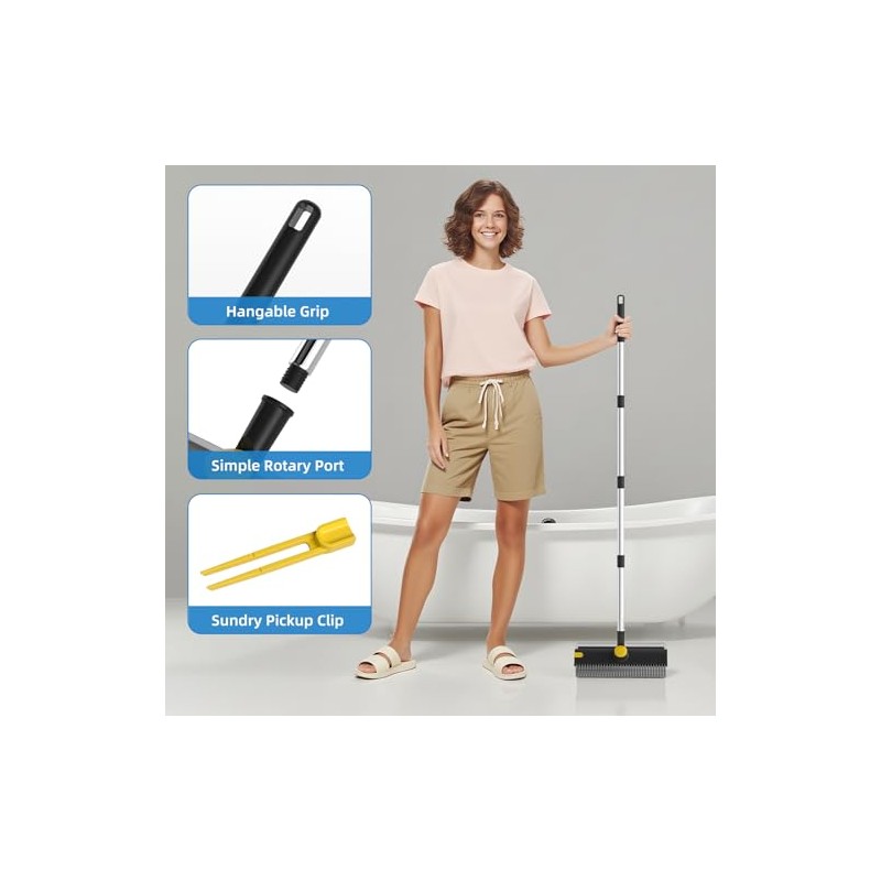 Scrub Brush with Long Handle, Floor Scrub Brush Squeegee Broom