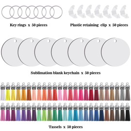 Duufin 200 Pieces Sublimation Keychain Blanks Tassels Set Heat Transfer Blank Keychain Tassels with Key Rings MDF Blank Board Round Keychain Blanks for Sublimation DIY and Craft, Double-Side Printed